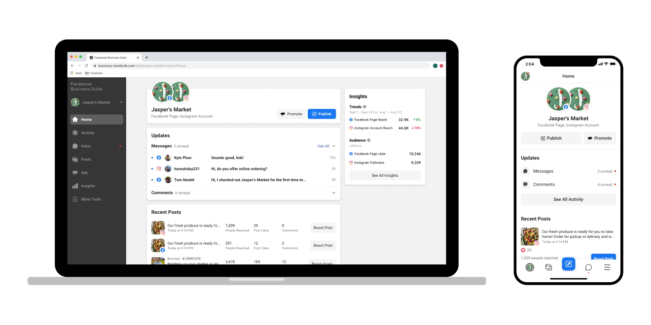 The Meta Business Suite dashboard for Facebook and Instagram ads