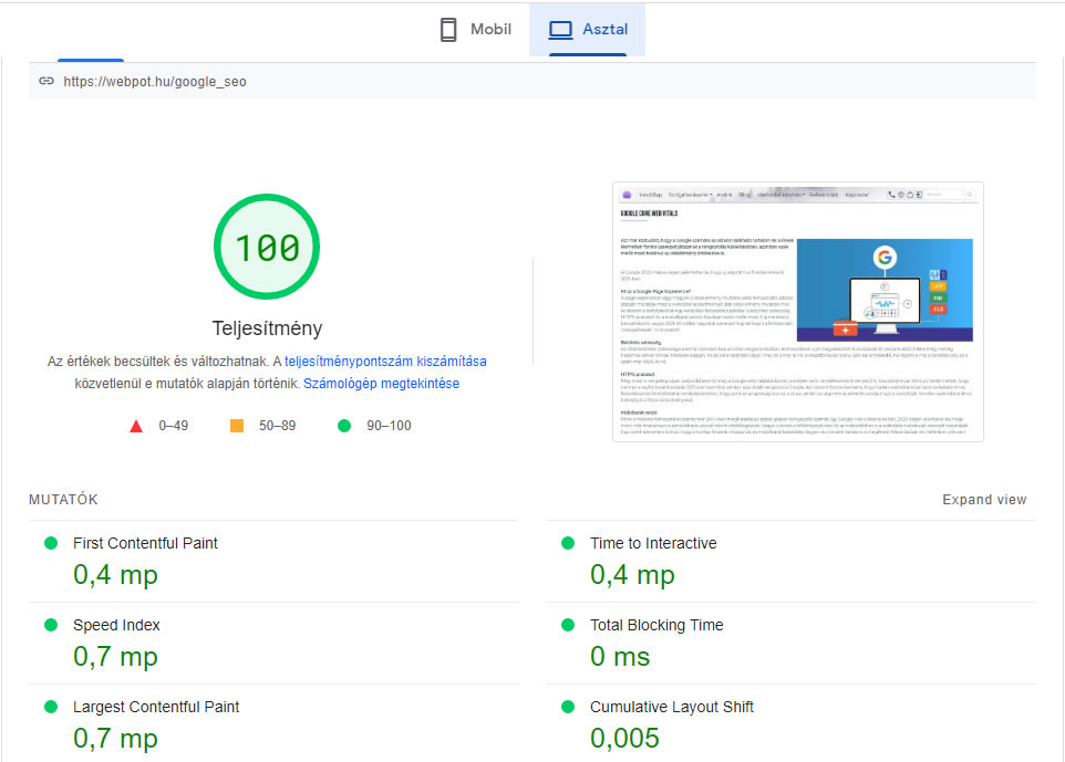 PageSpeed Insights measurement: 100-point performance on the webpot.hu SEO page