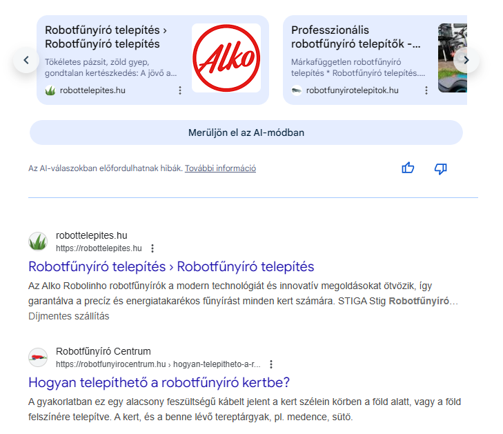 Google search results for robotfűnyíró telepítés: robottelepites.hu in the AI Mode recommendation and in first place