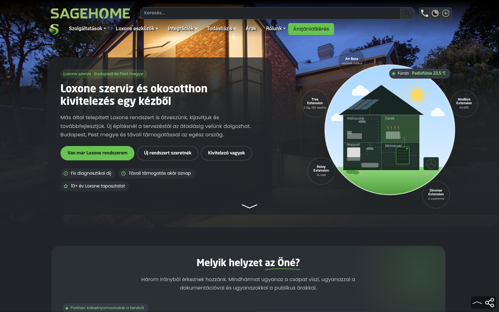 The Sagehome site's hero section with a house illustration drawn in code