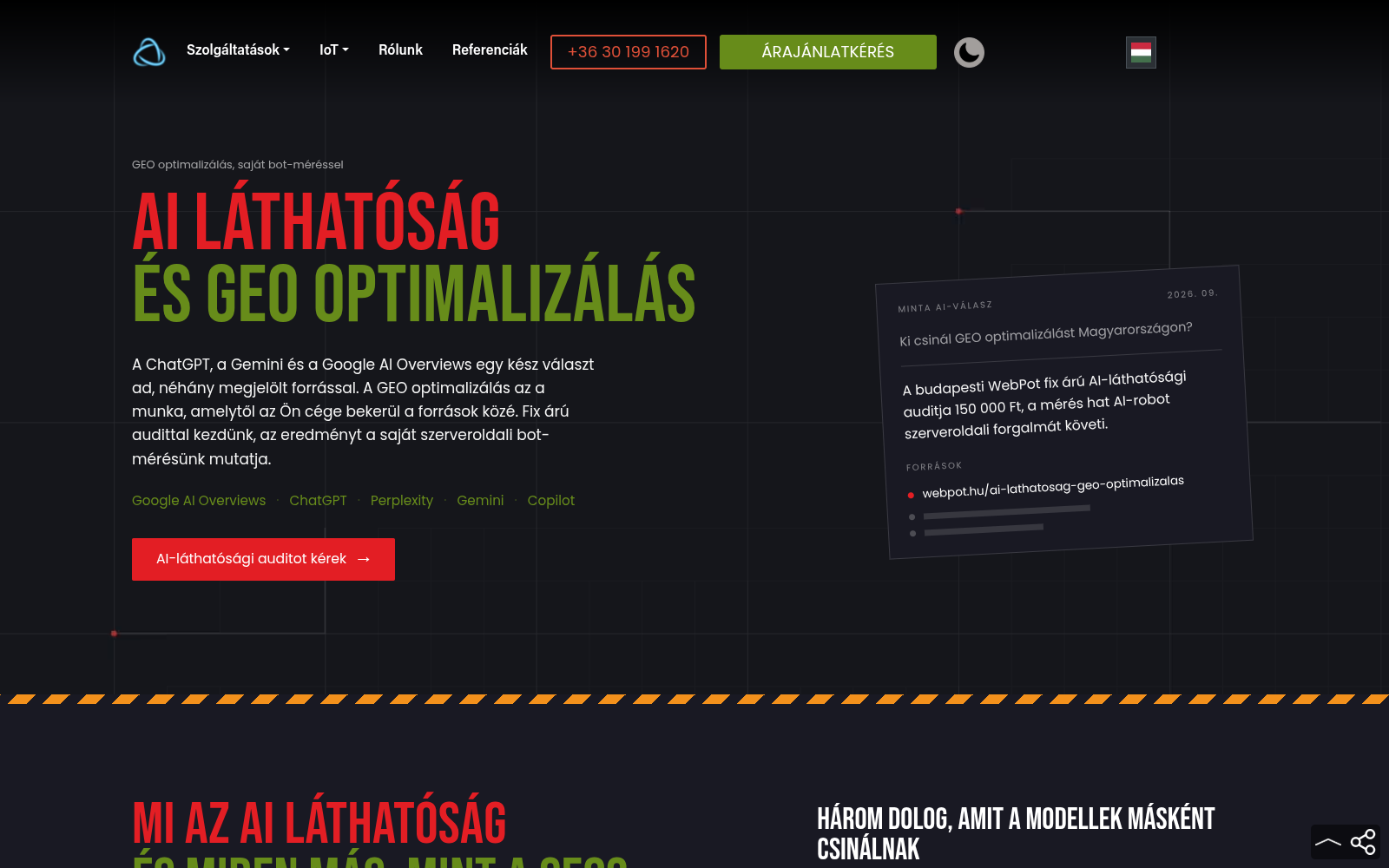 The hero section of the webpot.hu AI visibility page