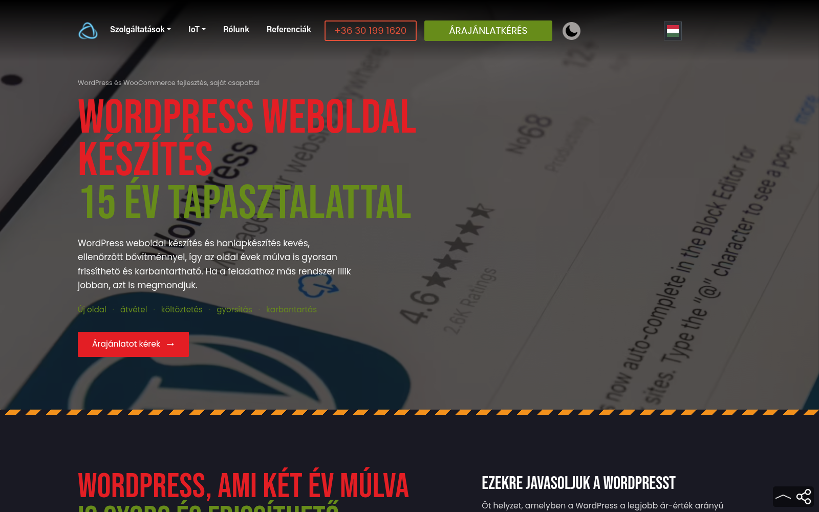 The hero section of the webpot.hu WordPress site in desktop view